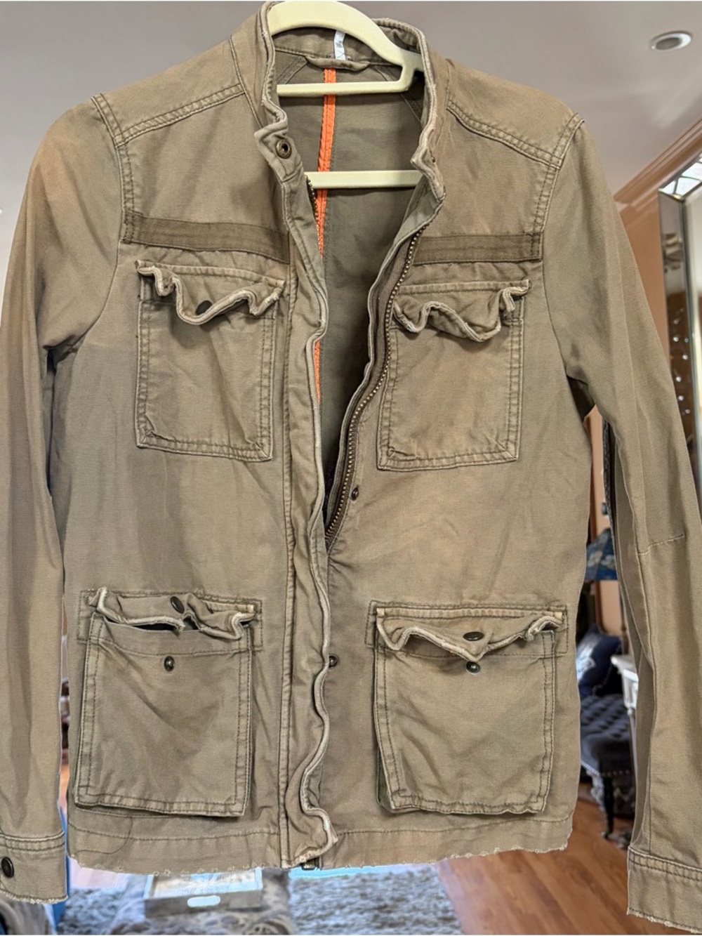 Free People military cargo jacket snap zipper pockets army green distressed S